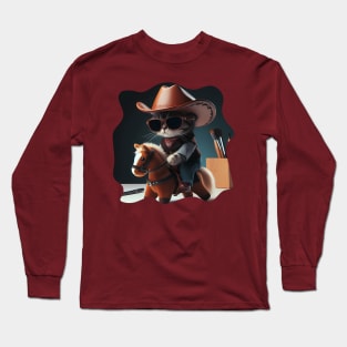 A cat wearing sunglasses and a cowboy hat riding a toy horse Long Sleeve T-Shirt